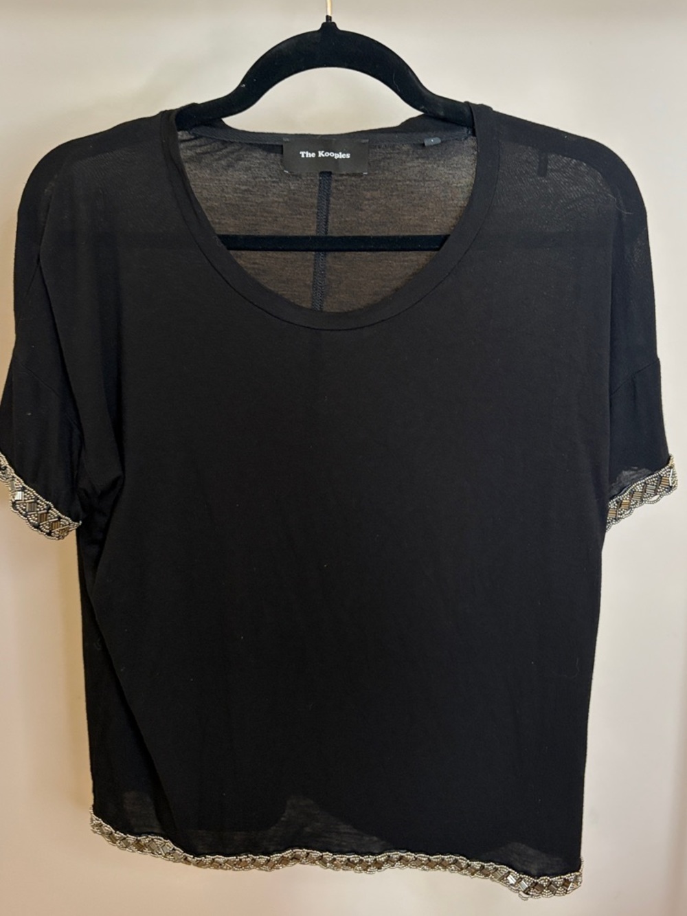 The Kooples Black Short Sleeve Top with Beaded Trim